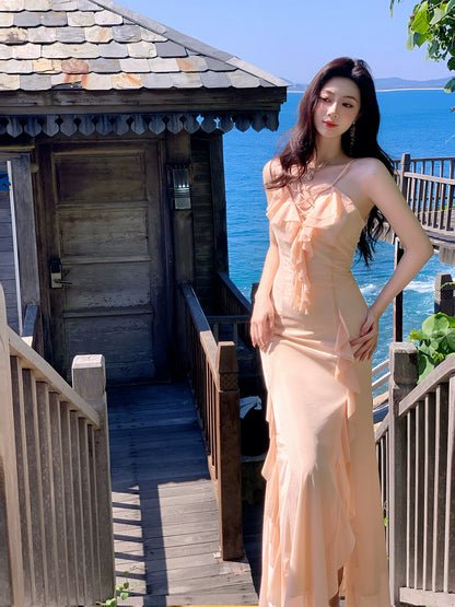 Robe de bal sirène rose corail à fines bretelles, longue, pour anniversaire AB2411