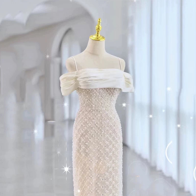 Robe de bal sirène à fines bretelles et sequins blancs, inspiration robe de soirée longue pour un 20e anniversaire AB2336