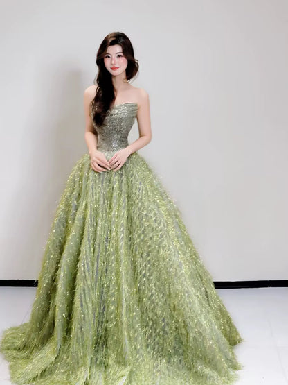 Robe de bal de princesse sans bretelles, bustier à sequins verts, inspiration pour les robes de soirée longues, tenues pour un 20e anniversaire AB2263