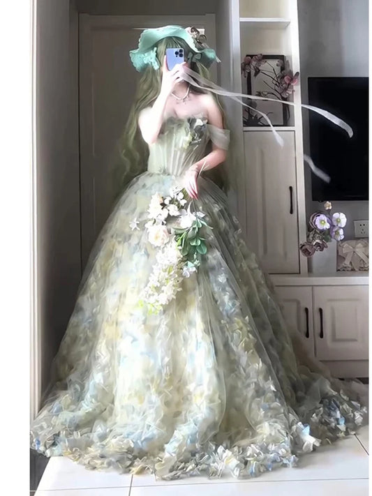 Prinzessinnen-Ballkleid, trägerlos, floral, waldgrün, Tüll-Oberteil, Inspiration für lange Party- und Nachtkleider, Outfits zum 20. Geburtstag AB2264