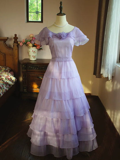Robe de bal vintage lilas à col rond et plis, style trapèze, idéale pour une soirée longue ou un anniversaire de 18 ans (AB2366)