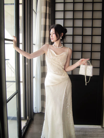 Robe de bal sirène élégante à fines bretelles en dentelle et mousseline, longueur cheville, idéale pour une soirée d'anniversaire ou une fête de 16 ans (AB2420)
