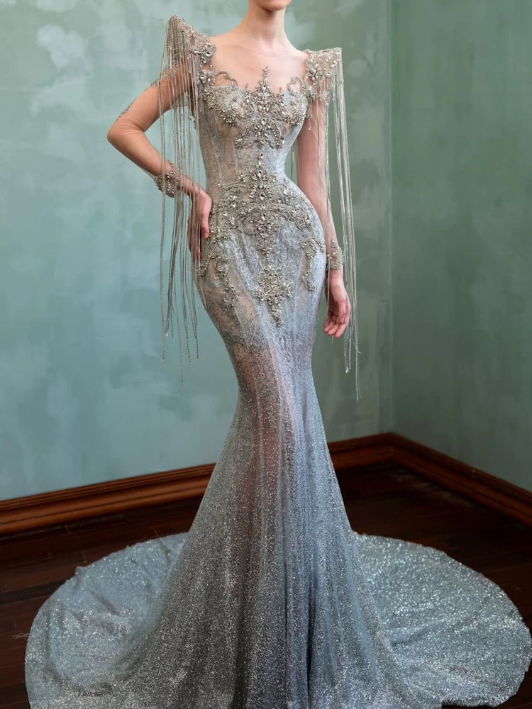 Robe de bal sirène scintillante à décolleté cœur, ornée de sequins et de perles, manches longues, inspiration robe de soirée longue, tenue pour un 20e anniversaire AB2303