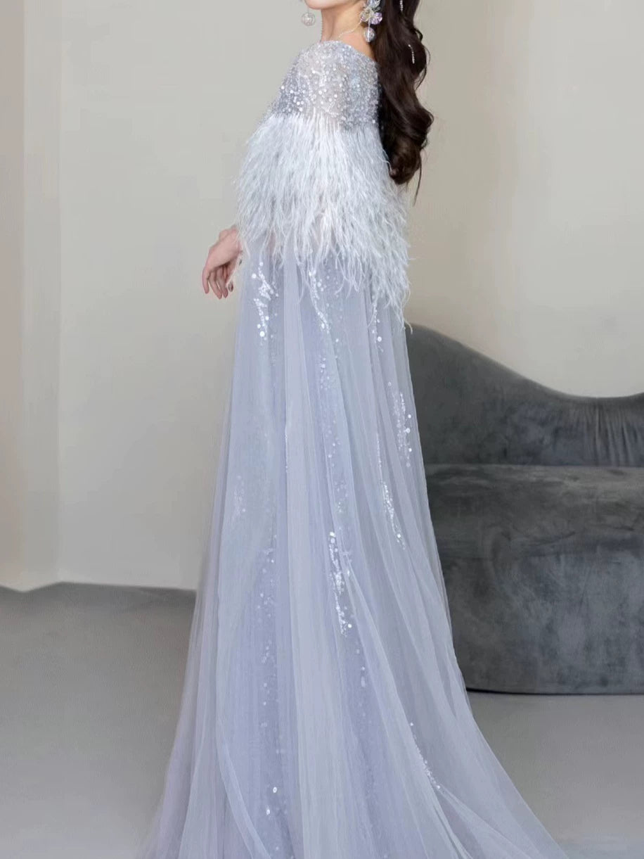 Robe de bal élégante en tulle bleu ciel clair, coupe trapèze, col en V, inspiration robe de soirée longue pour un 19e anniversaire AB2300