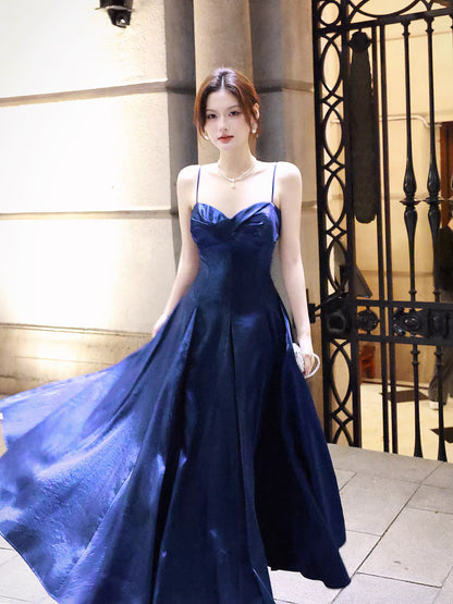 Robe de bal longue bleu roi en satin, coupe trapèze, bretelles spaghetti, sexy, idéale pour un mariage ou un 20e anniversaire (AB2482)