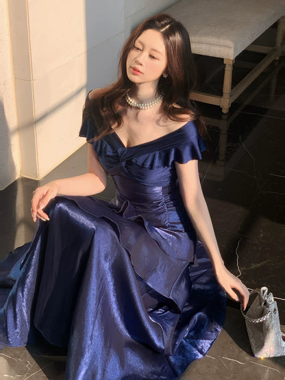 Robe de bal longue bleu marine élégante à épaules dénudées, style sirène, idéale pour une soirée d'anniversaire ou un 16e anniversaire (AB2456)