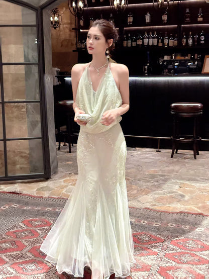 Robe de bal sirène sexy à sequins vert menthe, dos nu, longueur cheville, robe d'invitée de mariage, tenue pour un 20e anniversaire AB2479