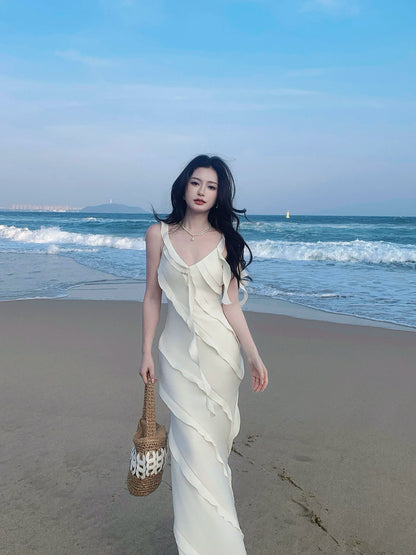 Robe de bal sirène sexy à fines bretelles en mousseline blanche, robe d'invitée de mariage, tenue pour un 20e anniversaire AB2477