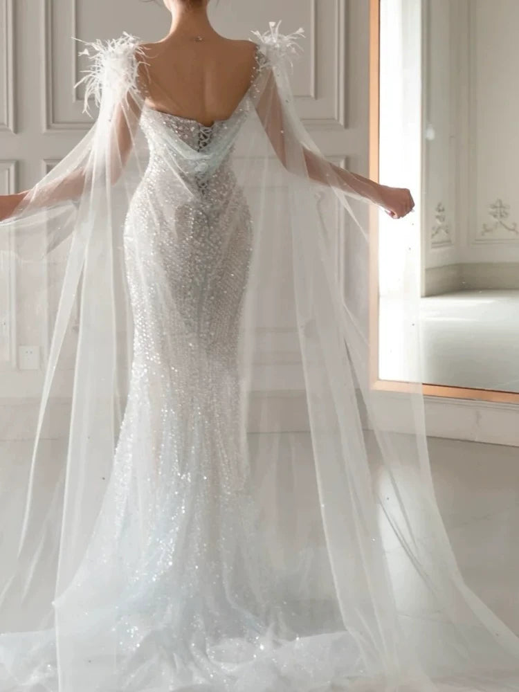 Robe de soirée sirène luxueuse à sequins avec cape, robe de bal longue pour les fêtes, tenue pour un 19e anniversaire AB2326
