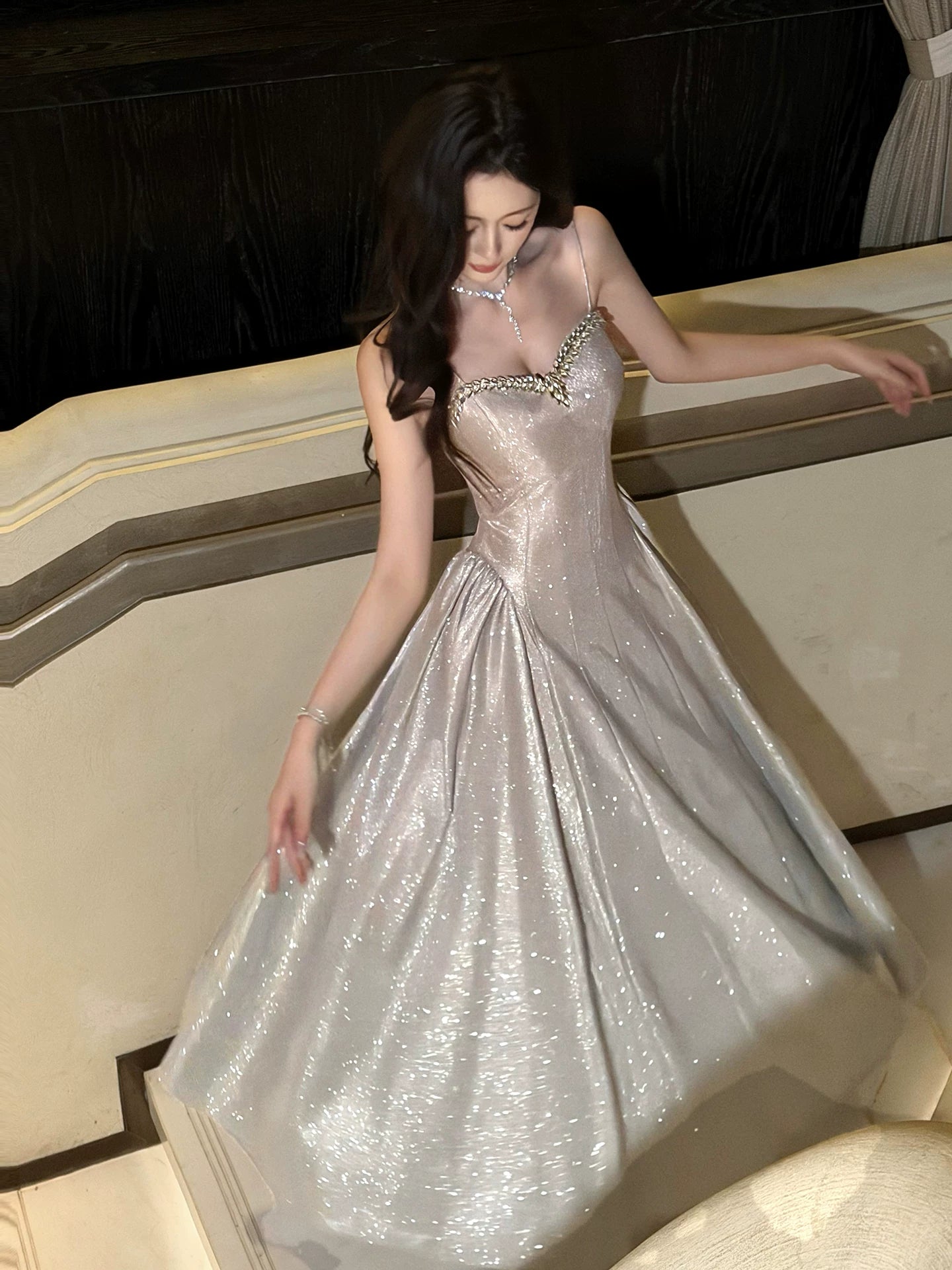 Robe de bal rose à sequins, coupe trapèze, bretelles spaghetti, style modeste, idéale pour un mariage ou un 20e anniversaire (AB2463)