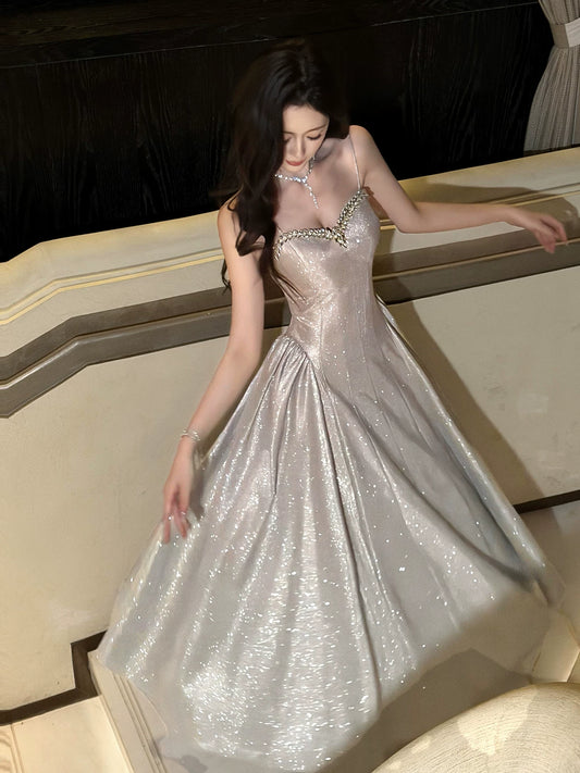 Elegantes, rosa Paillettenkleid in A-Linie mit Spaghettiträgern, ideal für Abschlussball, Hochzeit oder 20. Geburtstag (AB2463)