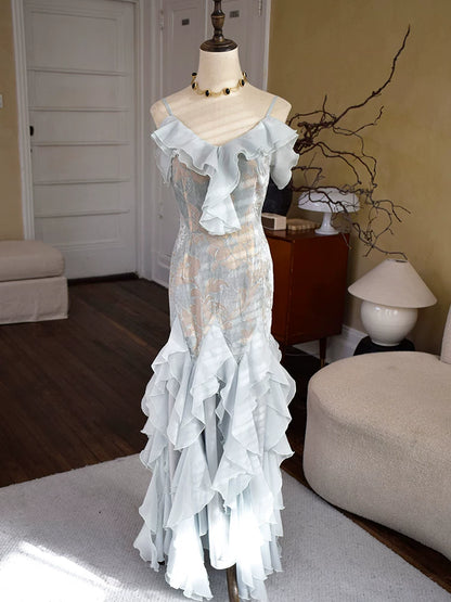 Robe de bal sirène vintage années 1960, bretelles spaghetti, mousseline bleu ciel clair, inspiration robe de soirée longue, tenue pour un 18e anniversaire AB2388