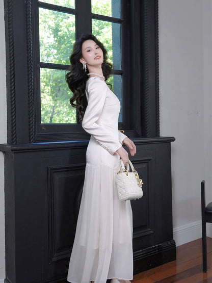 Robe de bal mi-longue en mousseline blanche, coupe trapèze, col carré et taille basse - N082