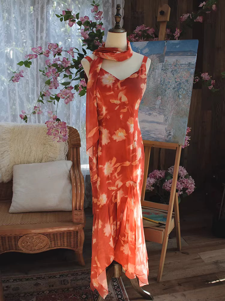Robe de bal vintage années 1950, sirène, col en V, en mousseline à fleurs avec foulard, inspiration robe de soirée longue, tenue pour un 18e anniversaire AB2378