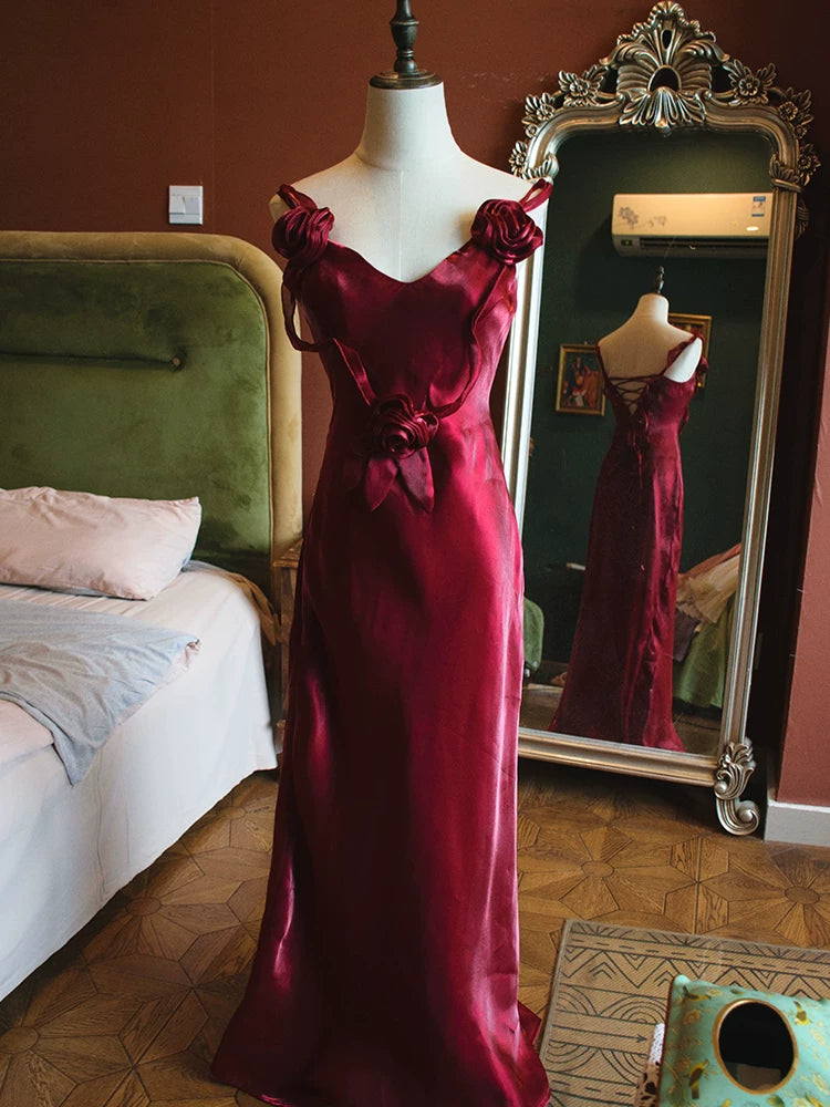 Robe de bal bordeaux sirène vintage années 1950, col en V, inspiration robe de soirée longue, tenue pour un 18e anniversaire AB2377