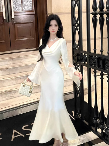 Robe de bal sirène sexy en satin blanc, col bénitier, longueur cheville, robe d'invitée de mariage, tenue pour un 20e anniversaire AB2483