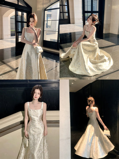 Robe de bal élégante en satin fleuri, coupe trapèze, col carré, longueur cheville, idéale pour une soirée d'anniversaire ou un 16e anniversaire (AB2415)