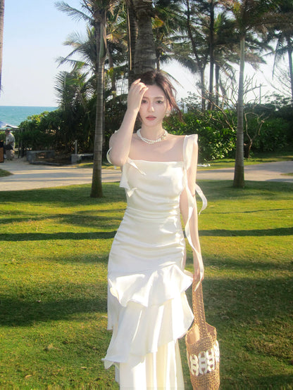 Robe de bal élégante sirène en mousseline blanche, col carré, longueur cheville, idéale pour une soirée d'anniversaire ou un 16e anniversaire (AB2416)