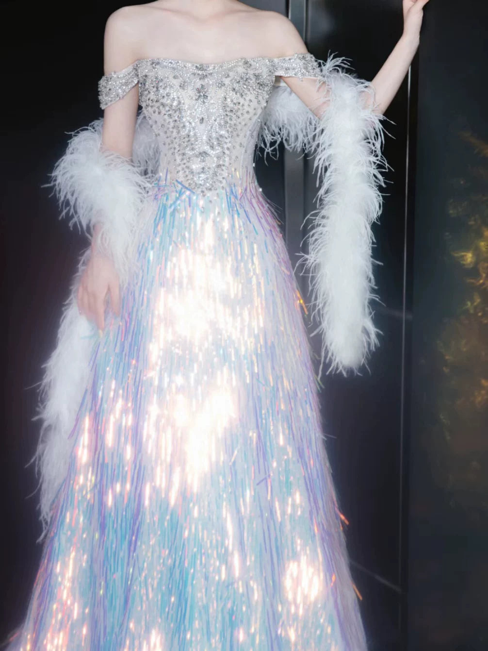Robe de bal pailletée à épaules dénudées, sequins bleus, inspiration robe de soirée longue pour un 20e anniversaire AB2339