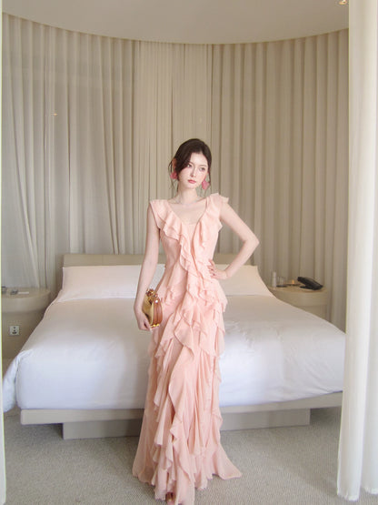 Robe de bal longue en mousseline rose corail, coupe trapèze, col en V, style simple, idéale pour un 16e anniversaire (AB2412)