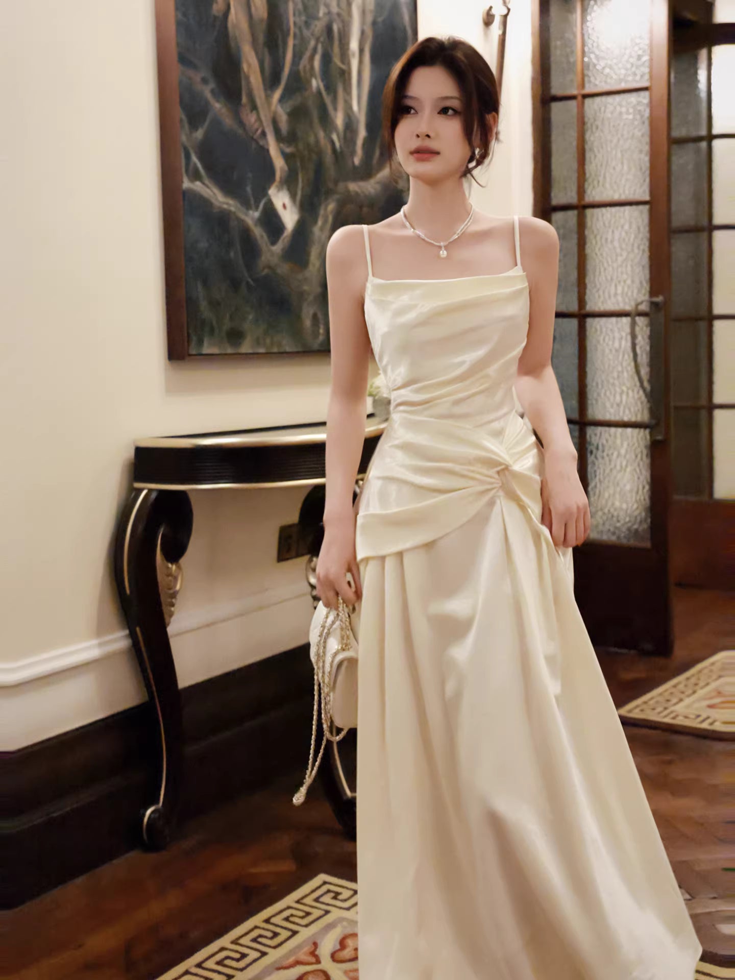 Robe de bal longue en satin ivoire, coupe trapèze, bretelles spaghetti, sexy, idéale pour un mariage ou un 20e anniversaire (AB2480)