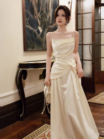 Robe de bal longue en satin ivoire, coupe trapèze, bretelles spaghetti, sexy, idéale pour un mariage ou un 20e anniversaire (AB2480)