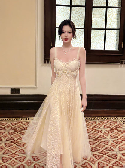 Robe de bal sexy trapèze à fines bretelles en dentelle abricot, robe d'invitée de mariage, tenue pour un 20e anniversaire AB2469