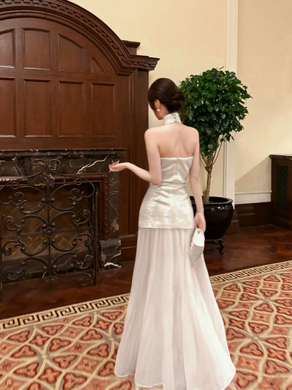 Robe de bal élégante sirène ivoire longueur cheville, dos nu, tenue pour une soirée d'anniversaire ou un 17e anniversaire AB2484