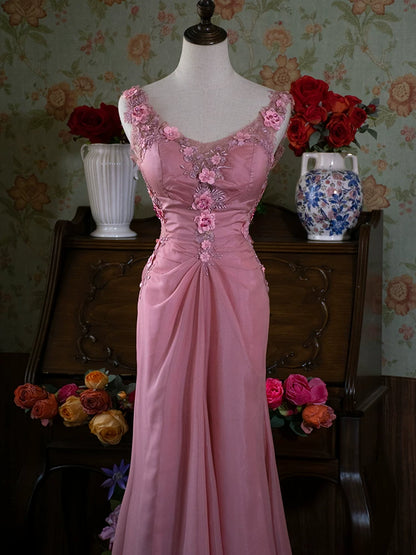Robe de bal longue bleue en mousseline, col V, style sirène, années 90, inspiration rétro pour une soirée d'anniversaire (21 ans) AB2376