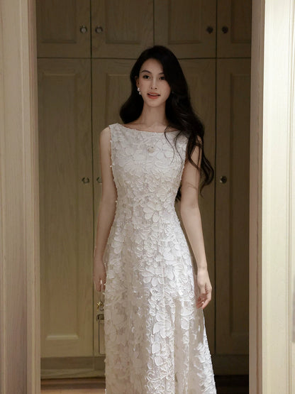 Robe de bal mi-longue en dentelle blanche, coupe trapèze, col bateau, élégante, idéale pour une remise de diplôme ou un anniversaire (N088)