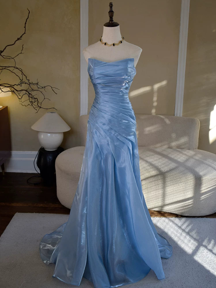 Robe de bal longue bleue sirène vintage sans bretelles avec plis, inspiration robe de soirée, tenue pour un 18e anniversaire AB2369