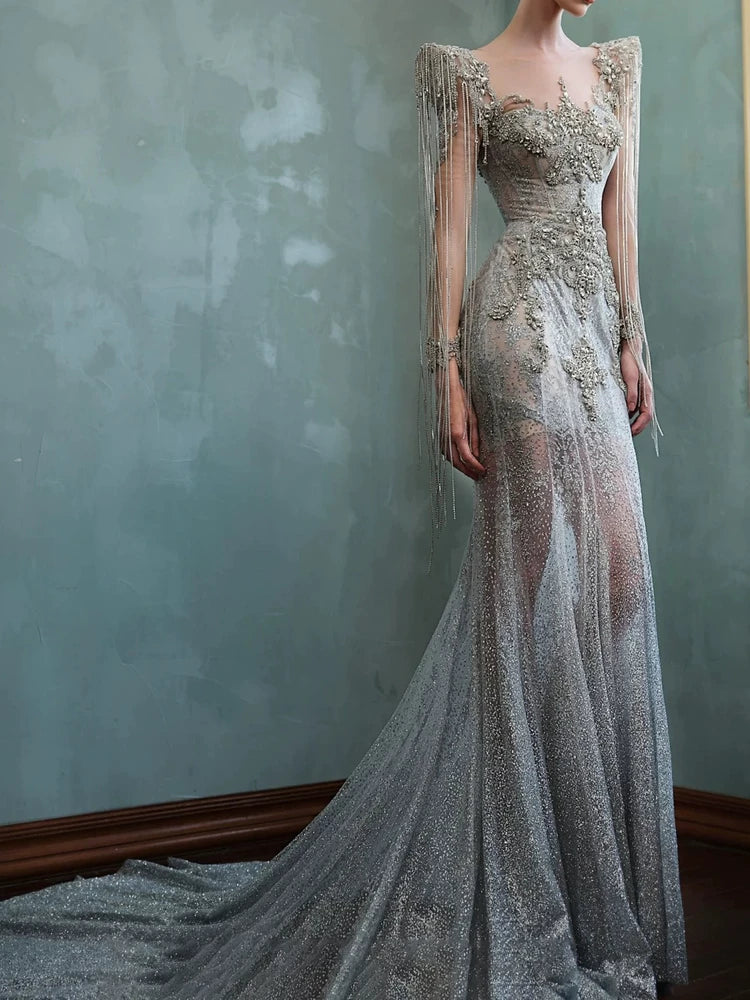Robe de bal sirène scintillante à décolleté cœur, ornée de sequins et de perles, manches longues, inspiration robe de soirée longue, tenue pour un 20e anniversaire AB2303