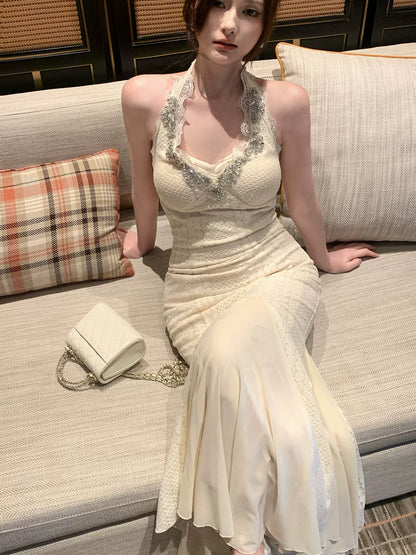 Robe de bal sirène dos nu en dentelle ivoire, style modeste, idéale pour un mariage, une soirée d'anniversaire ou une fête de 18 ans (AB2424)