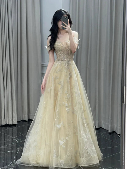 Elegantes, schulterfreies, langes Paillettenkleid in A-Linie mit kurzen Ärmeln, perfekt für Ball, Tanzabend und Party (AB2200)