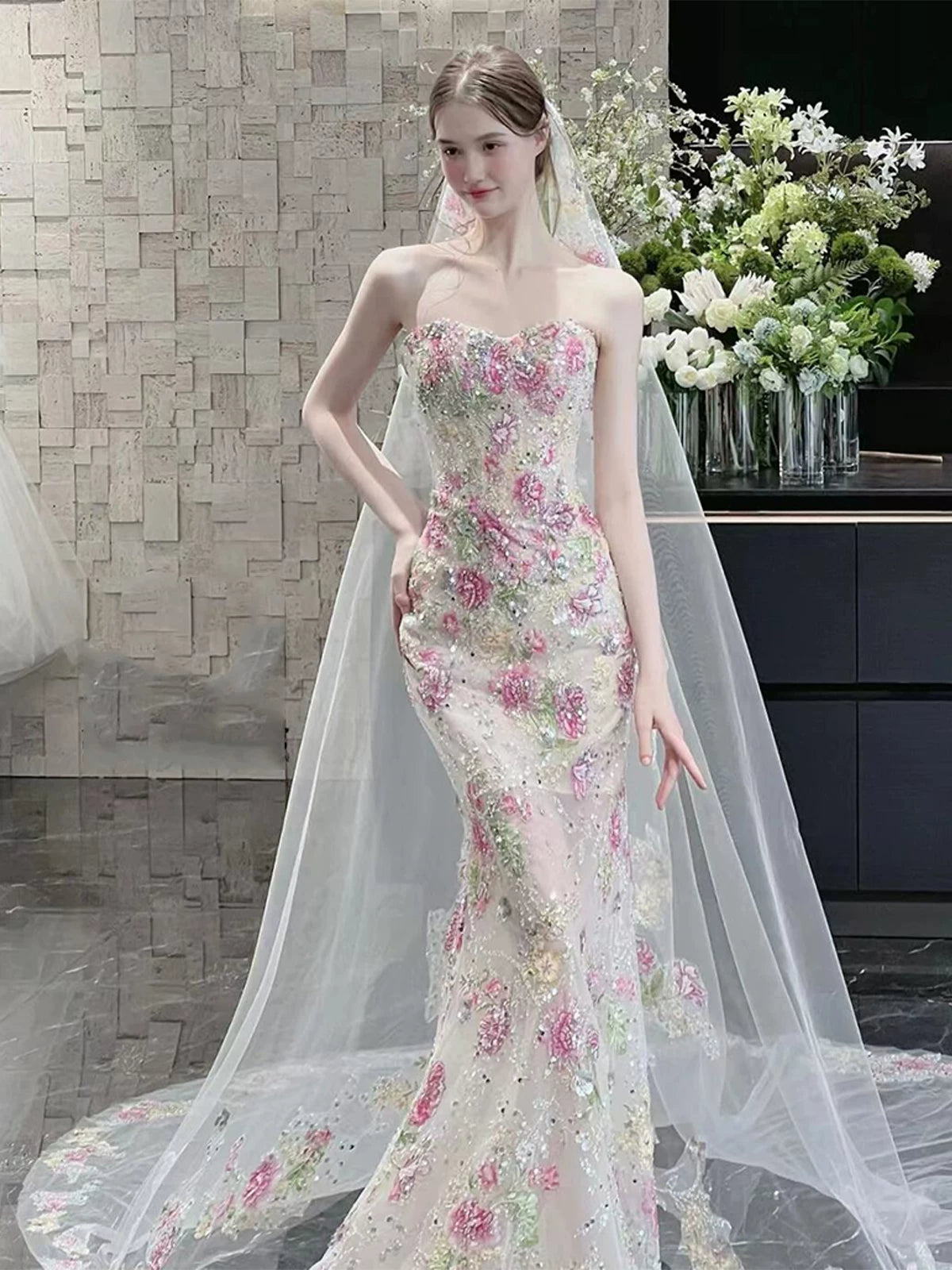 Robe de bal longue sirène bustier en dentelle florale élégante, tenue de soirée dansante, robe de soirée AB2201