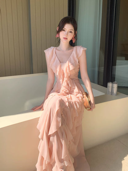 Robe de bal longue en mousseline rose corail, coupe trapèze, col en V, style simple, idéale pour un 16e anniversaire (AB2412)