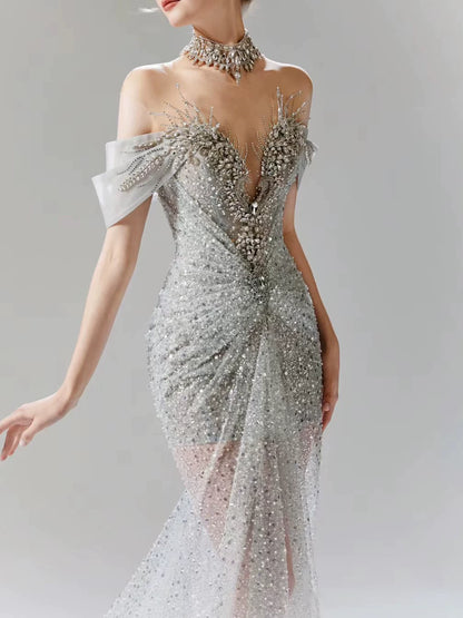 Robe de soirée sirène gris argenté vintage, épaules dénudées, ornée de perles, robe de bal longue, tenue d'anniversaire AB2314
