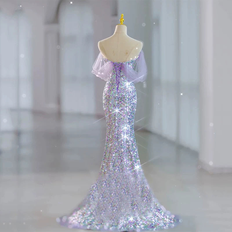 Robe de bal sirène modeste à épaules dénudées et sequins lilas, inspiration robe de soirée longue pour un 19e anniversaire AB2319