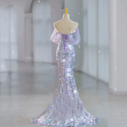 Robe de bal sirène modeste à épaules dénudées et sequins lilas, inspiration robe de soirée longue pour un 19e anniversaire AB2319