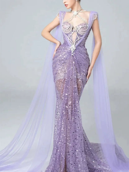 Sparkly Mermaid Evening Dress Halter Lilac Sequins Prom Dress Long Party Dress 21st Birthday Outfits AB2317