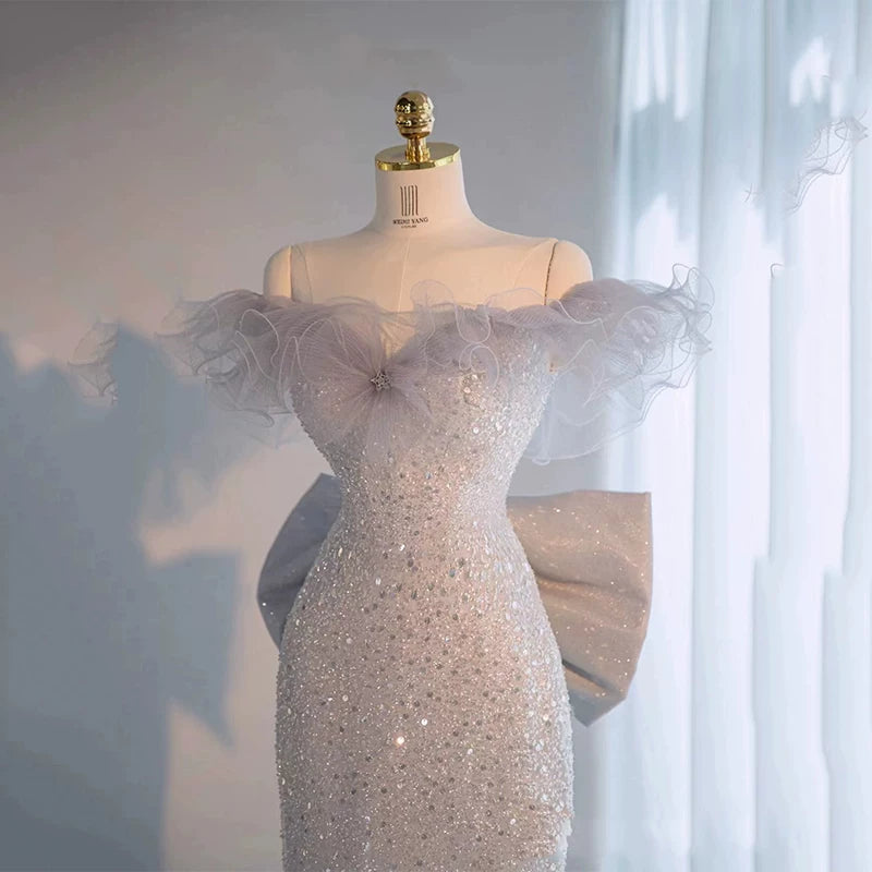 Robe de soirée sirène scintillante à épaules dénudées, robe de bal à sequins longue, tenue de fête pour un 21e anniversaire AB2322