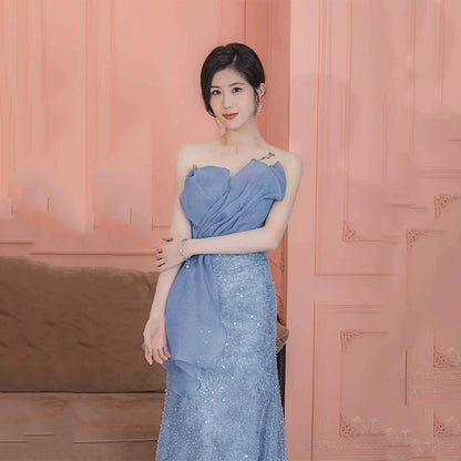 Modest Mermaid Strapless Dusty Blue Sequins Prom Dresses Inspiration Long Party Night Evening Dress 20th Birthday Outfits AB2330