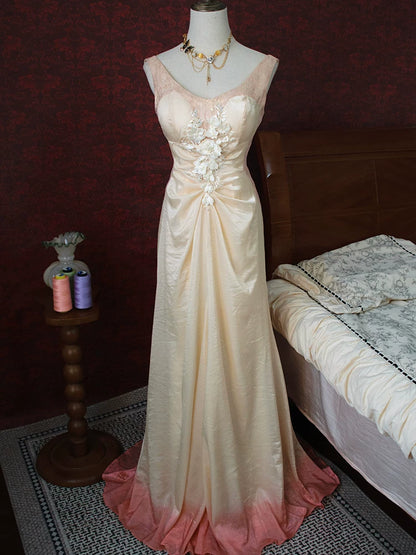 Robe de bal sirène rose à col en V et dentelle fleurie, inspiration années 1960, robe de soirée longue idéale pour un 18e anniversaire (AB2380)