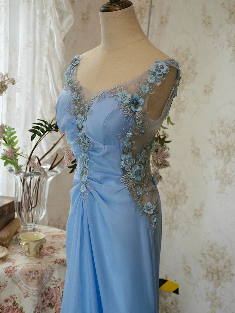 Robe de bal longue bleue en mousseline, col V, style sirène, années 90, inspiration rétro pour une soirée d'anniversaire (21 ans) AB2376