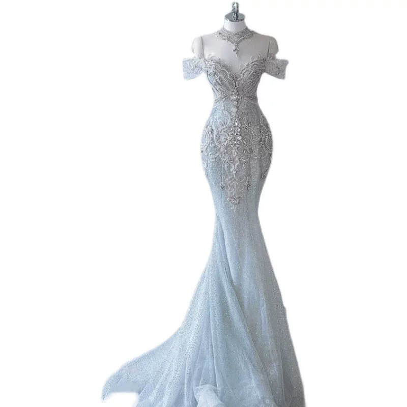 Glitzerndes Meerjungfrauen-Abendkleid, schulterfrei, Pailletten, langes Ballkleid, Partykleid, Outfit zum 21. Geburtstag AB2321