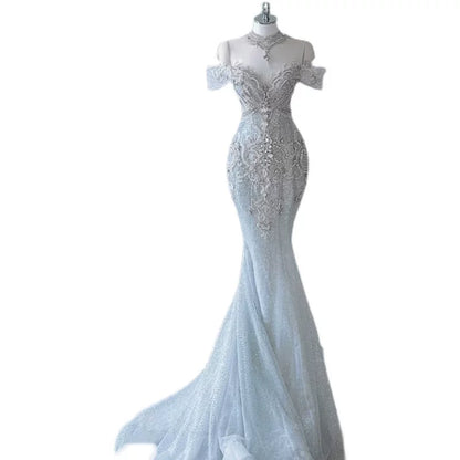 Glitzerndes Meerjungfrauen-Abendkleid, schulterfrei, Pailletten, langes Ballkleid, Partykleid, Outfit zum 21. Geburtstag AB2321