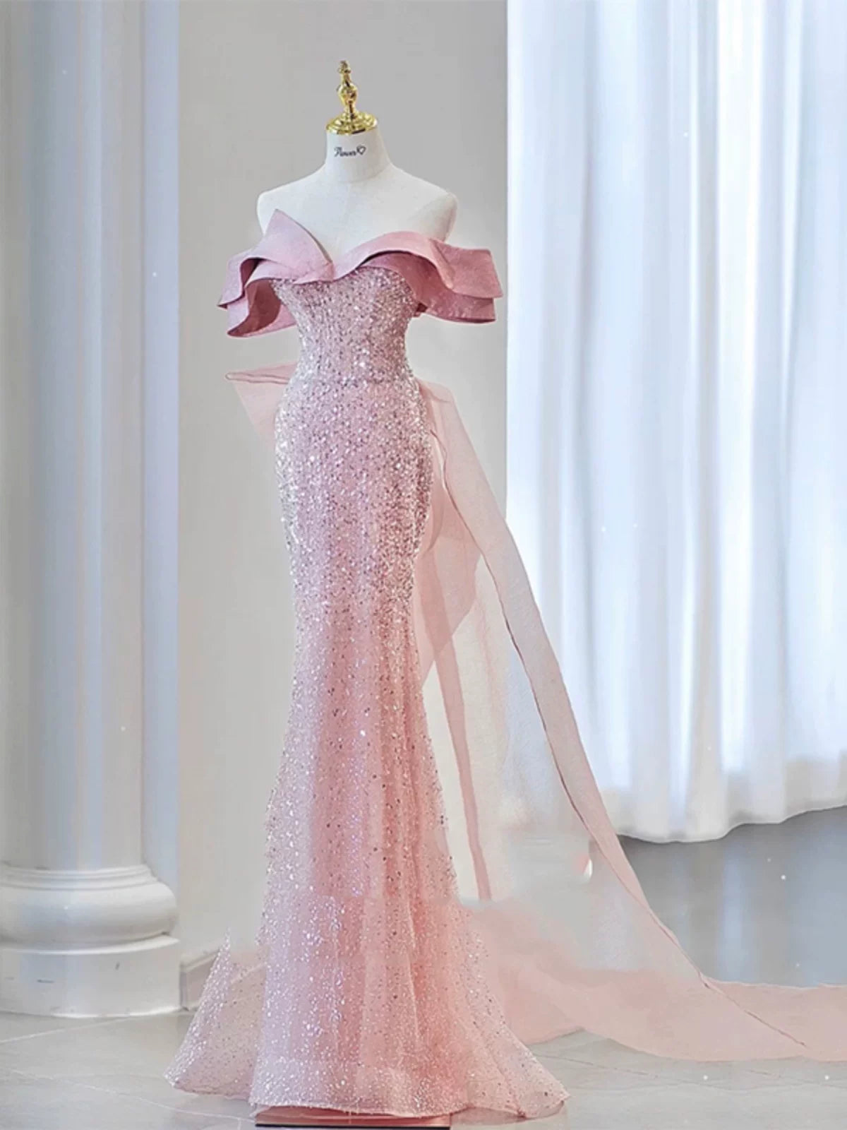 Robe de soirée sirène scintillante à épaules dénudées, robe de bal à sequins roses, robe de fête longue, tenue pour un 19e anniversaire AB2324