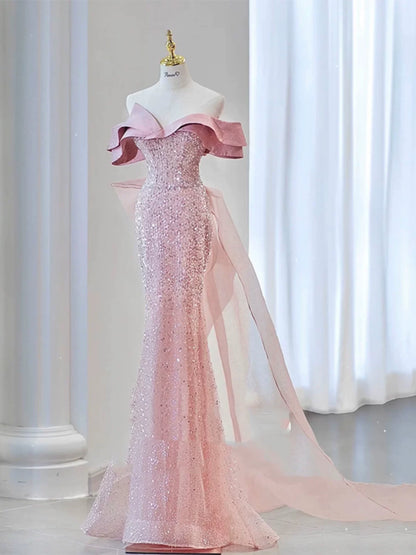 Robe de soirée sirène scintillante à épaules dénudées, robe de bal à sequins roses, robe de fête longue, tenue pour un 19e anniversaire AB2324