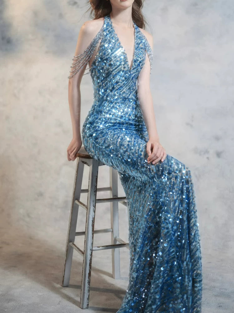 Modest Mermaid V Neck Blue Sequins Prom Dresses Inspiration Long Party Night Evening Dress 20th Birthday Outfits AB2338