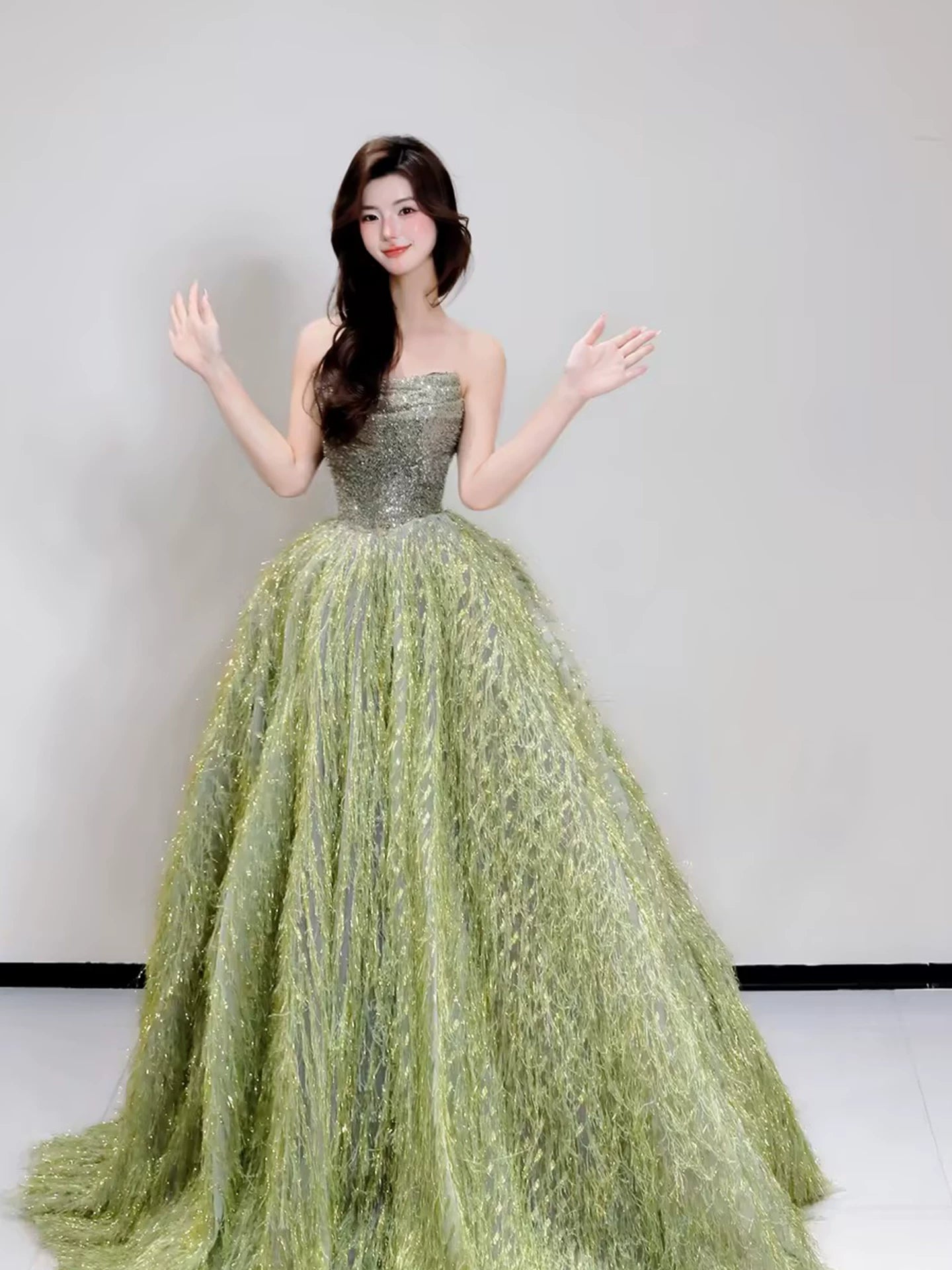 Robe de bal de princesse sans bretelles, bustier à sequins verts, inspiration pour les robes de soirée longues, tenues pour un 20e anniversaire AB2263